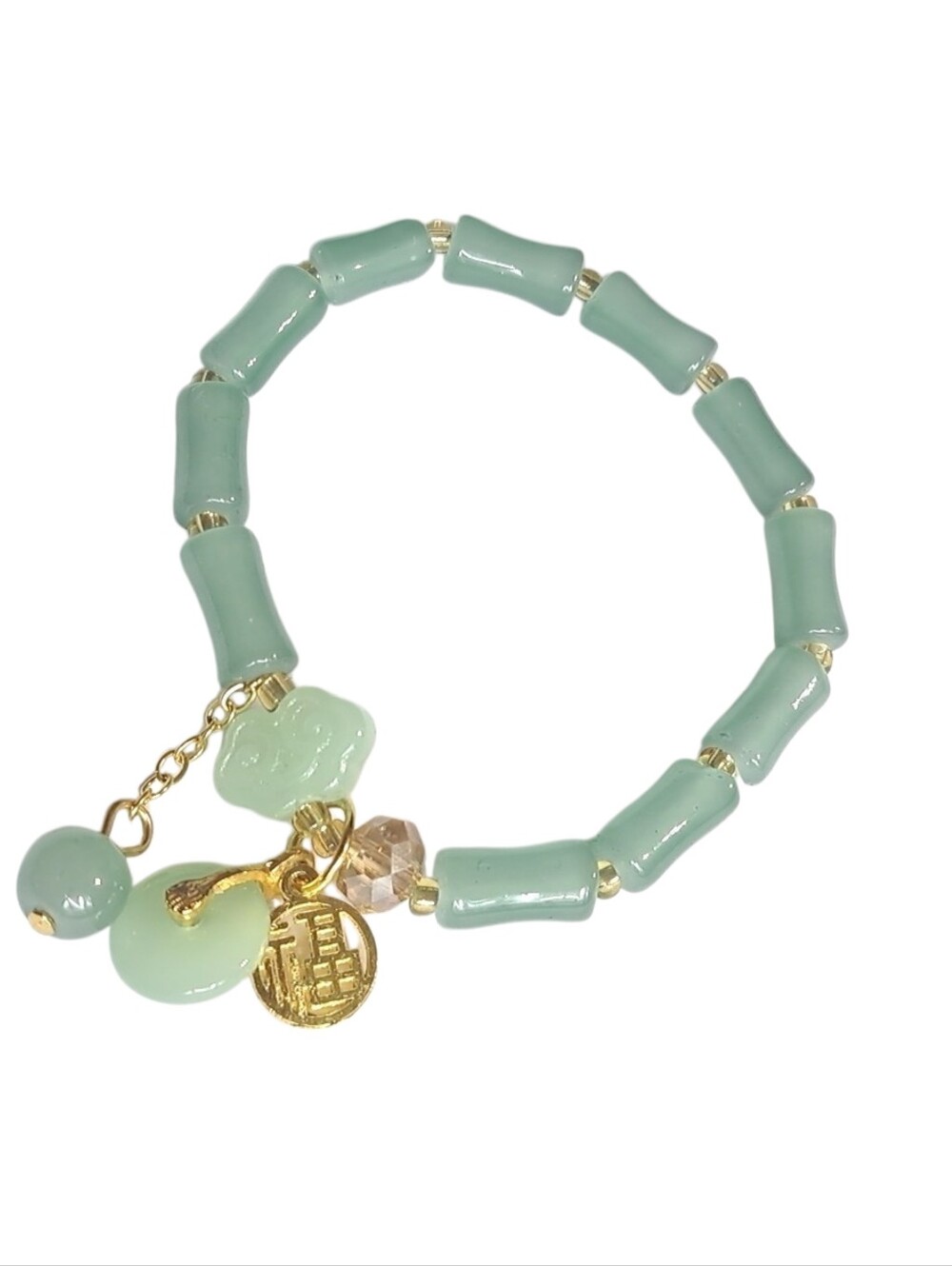 Mint Green Bamboo Bead Stretch Bracelet with Gold Tone Lucky Charm – NWOT